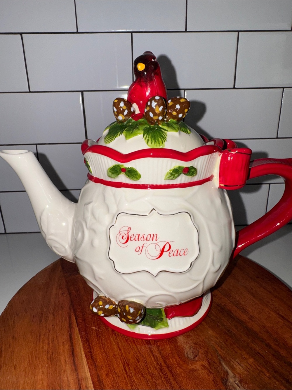 Cracker Barrel Red & White 'Season of Peace' Ceramic Teapot
